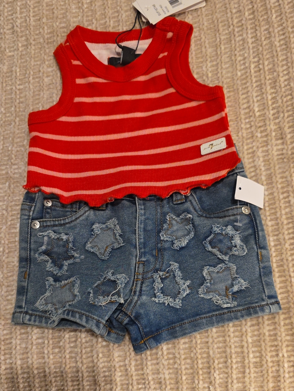 NWT 7 For All Mankind Red White Striped Star Shorts Tank Top Set Size 12 Months